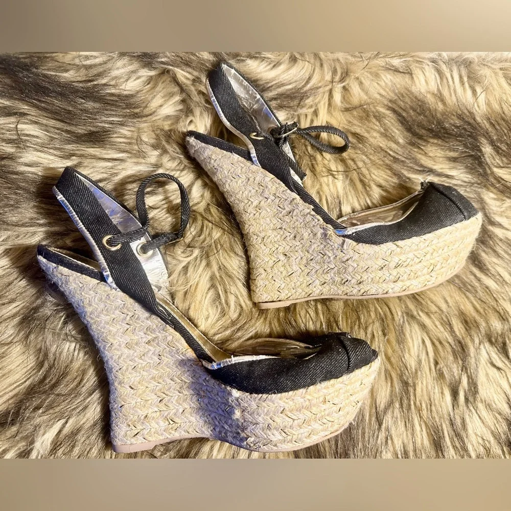 Vintage Bebe Blue Denim Espadrille Wedge Sandals Women’s Size 8.5 – Y2K Style